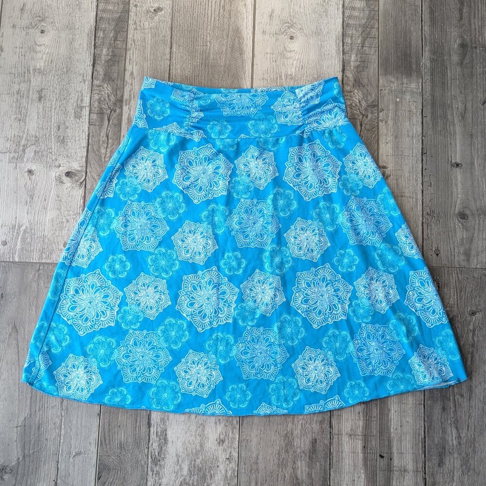 Tranquility Colorado Cloth, Aqua Blues Mandala Print, Stretch A Line Skirt, Sz S
